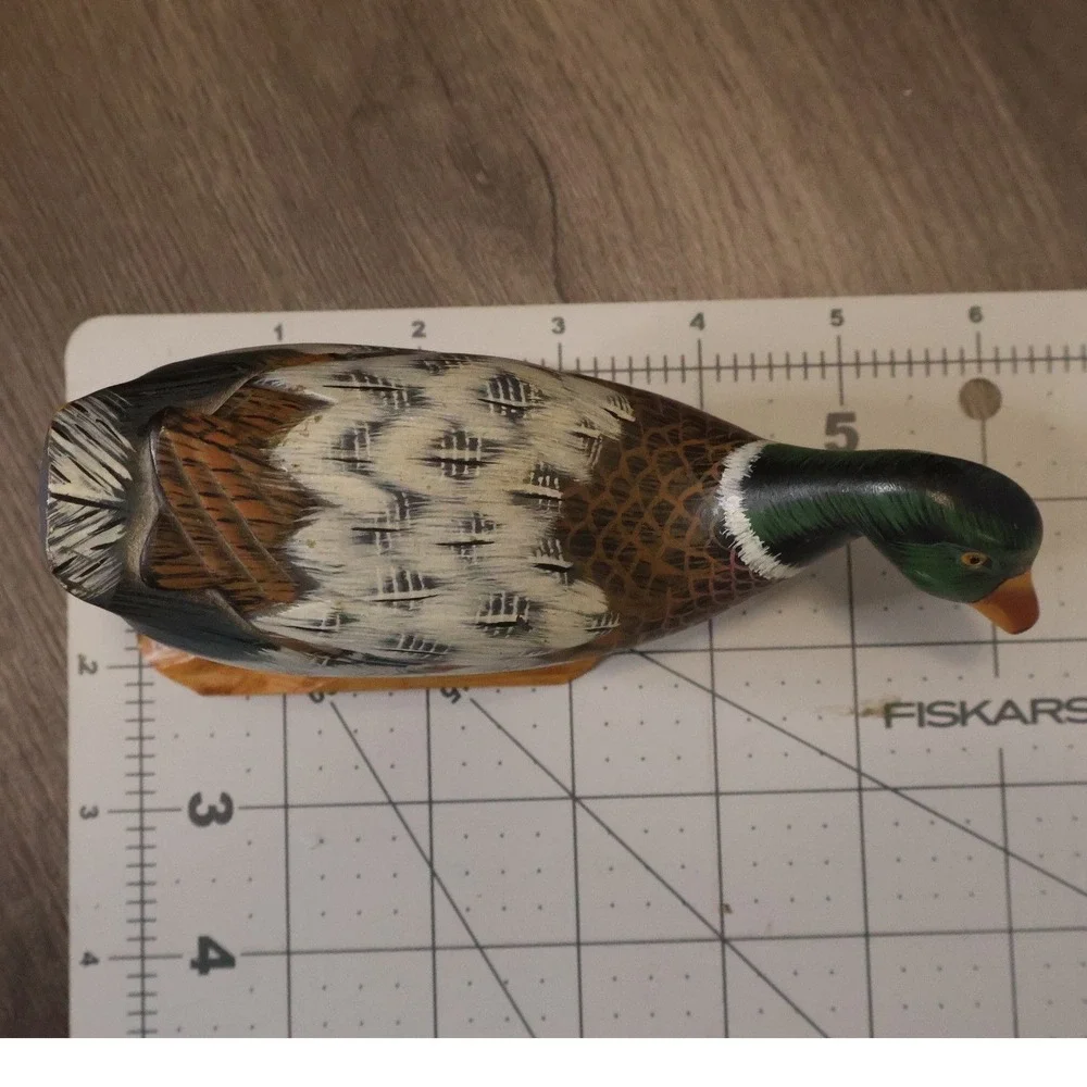 Vintage Hand Carved Painted Standing Mallard Duck Sculpture Wood Base Folk Art